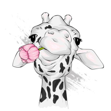 Komik zürafa. Tebrik kartı veya poster için vektör çizimi. Çiçek. Giysi veya baskılı malzemelerin üzerine baskı. Vahşi hayvan.