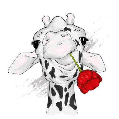 Komik zürafa. Tebrik kartı veya poster için vektör çizimi. Çiçek. Giysi veya baskılı malzemelerin üzerine baskı. Vahşi hayvan.