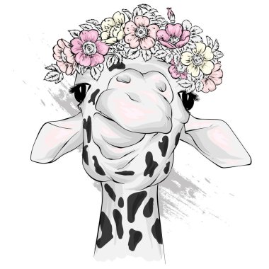 Çiçek çelengi içinde zürafa. Vektör illüstrasyon. Vahşi hayvanlar.