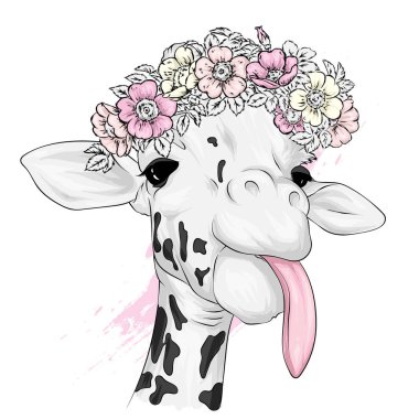 Çiçek çelengi içinde zürafa. Vektör illüstrasyon. Vahşi hayvanlar.