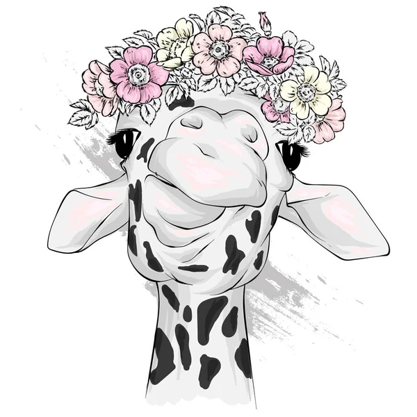 Çiçek çelengi içinde zürafa. Vektör illüstrasyon. Vahşi hayvanlar.
