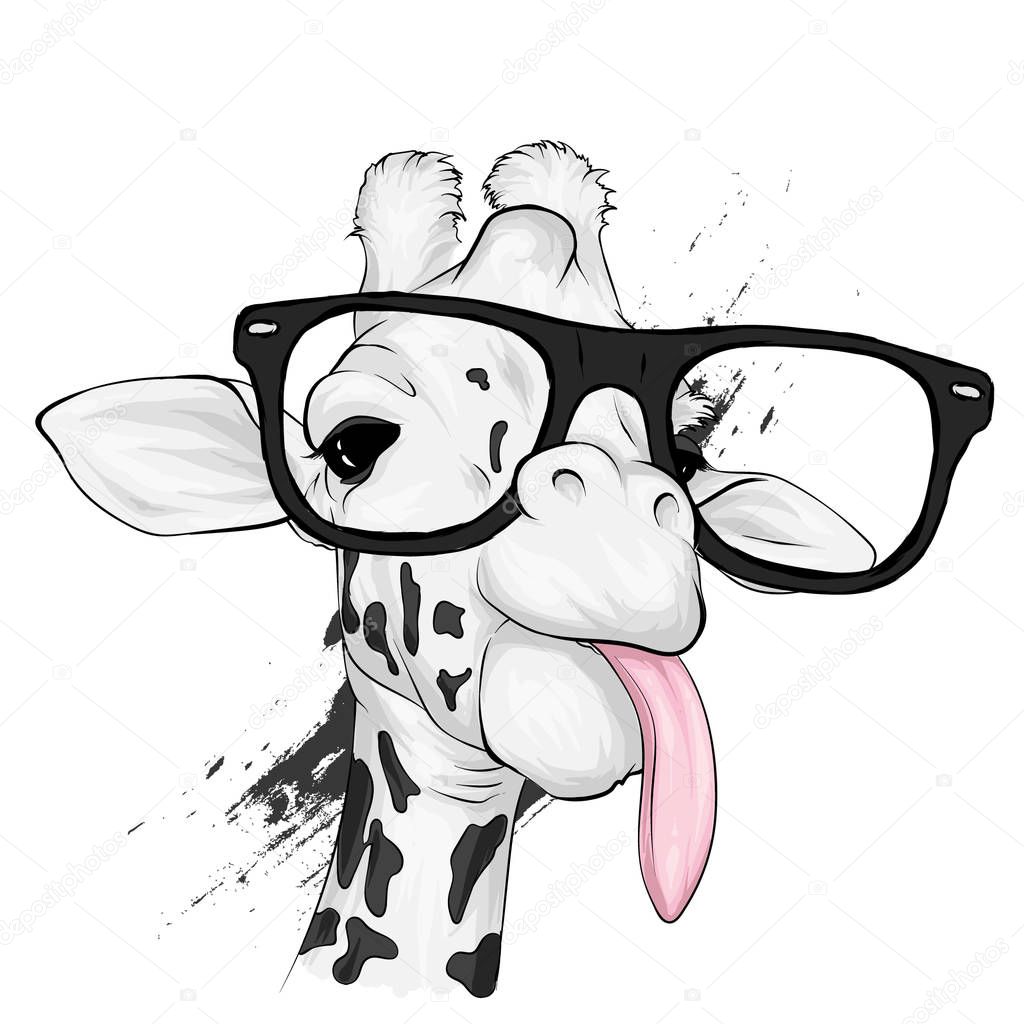 Funny giraffe with glasses. Vector illustration for greeting card or poster. Print on clothing or printed materials. Wild animal.
