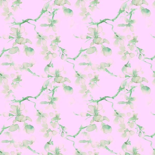 Chinese Flowers. Seamless Cherry Wallpaper. Green