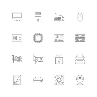 bilgisayar donanım simgeleri anahat veya satır stil vektör çizim ayarla