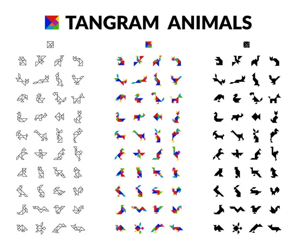 Set Of Tangram Animals Brain Game for children — Stock Vector