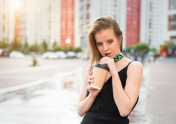 Pretty Young Beautiful Girl Drink Coffee Street — Stock Photo, Image