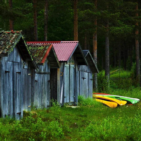 Wooden Houses Placed Row Forest — Stock Photo, Image