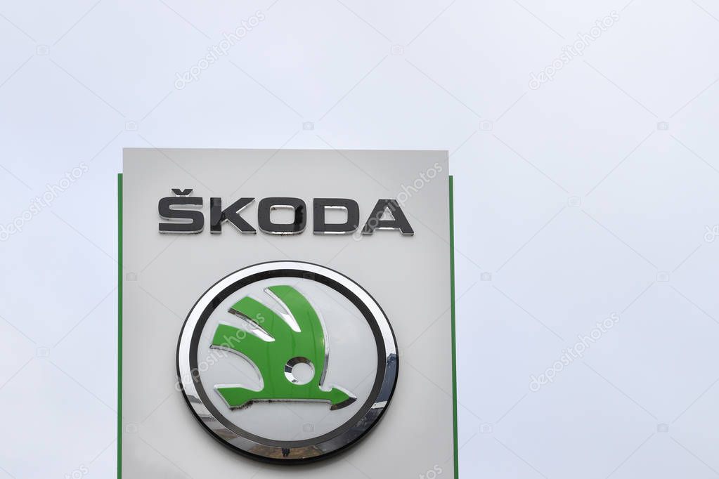 Skoda lettering and logo on big board