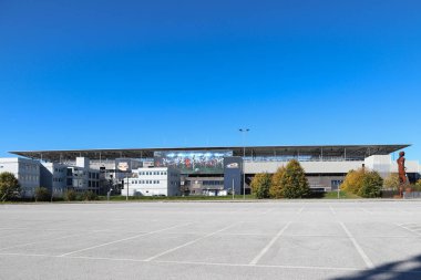 Salzburg, Avusturya-15 Ekim 2017: Red Bull Arena futbol stadyumunun uzaktan görünümü