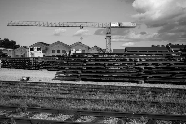 Black White Picture Crane Old Railway Station — Stock Photo, Image
