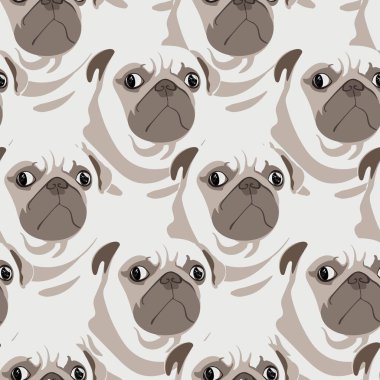 Sevimli bakan pugs seamless modeli. Pop-bir tutum ile yusyuvarlak pugs Illustration. Köpek temalı desen kumaş, çocuklar, duvar boyunda, hediye paketleri, ileti örneği ve iç tasarım.