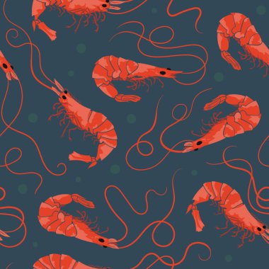 Festival deniz karides seamless resimli modeli. Okyanus temalı desen restoranlar, kumaşlar, hediye paketi, ileti örneği ve iç tasarım için.