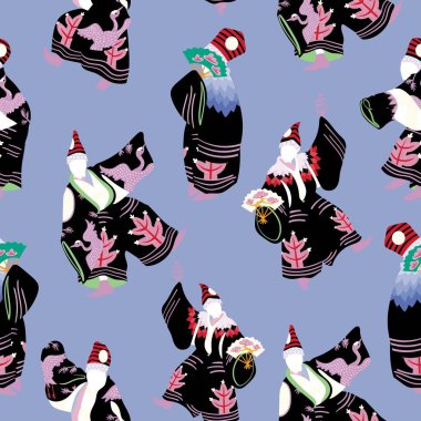 Japon sanbaso dans seamless modeli www.danmaridesigns.com tarafından gösterilmiştir. Festival Japon tiyatro karakter ve 80 li yılların popüler sanat kumaşlar, hediye paketleri, ileti örneği ve iç tasarım için ilham kaynağı.