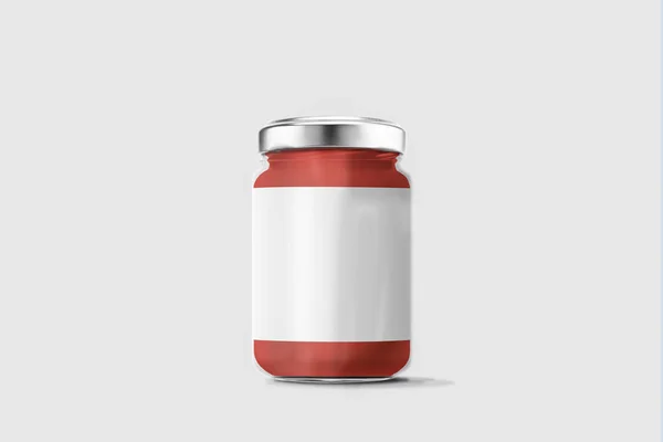 玻璃罐的草莓果酱与空白标签在柔软的灰色背景 把它模拟起来3D — 图库照片