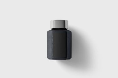 Siyah mürekkep şişesi kap ile önden görünümü Mock-up yumuşak gri arka plan üzerinde izole..