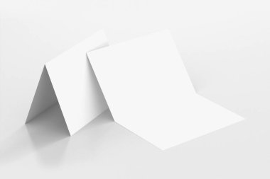 Boş ikiye katlanmış davetiye, tebrik kartları Mock-up olay sununuzu sergilemek yumuşak gri arka plan üzerinde izole. 3D çizim.