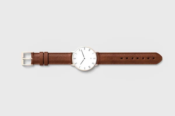 Bruin Lederen Horloge Voor Mannen Geïsoleerd Zachte Grijze Achtergrond — Stockfoto