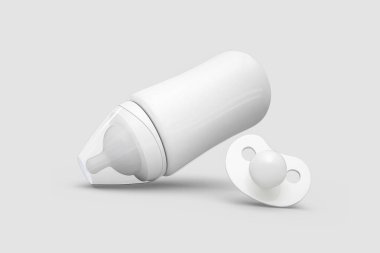 Biberon ve emzik Mock-up yumuşak gri arka plan üzerinde izole. 3D render.