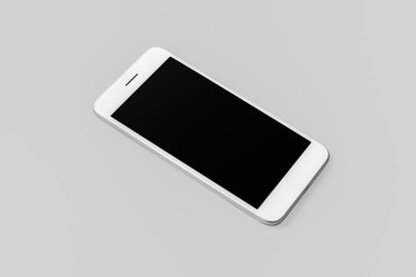 Yumuşak gri arka plan üzerinde beyaz Smartphone. Mock-up telefon ile boş perde. 3D render.