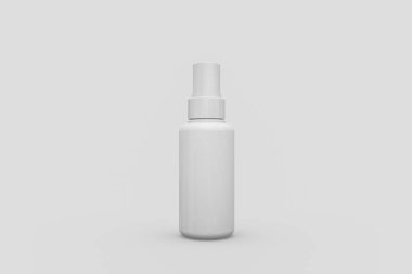 Püskürtücü ile gerçekçi plastik şişe. Mock-up beyaz plastik ambalaj tıbbi sprey için. Arka plan üzerinde izole aerosol ambalaj. 3D render
