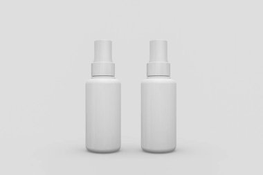 Püskürtücü ile gerçekçi plastik şişe. Mock-up beyaz plastik ambalaj tıbbi sprey için. Arka plan üzerinde izole aerosol ambalaj. 3D render