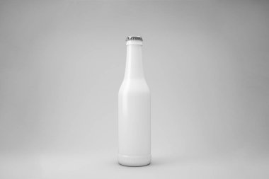 Cam veya seramik şişe alay kadar kapaklı bir yeni tasarım için. Beyaz boş bira şişesi. 3D render. 