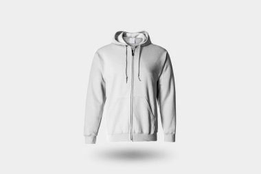 Boş beyaz erkek kapüşonlu Sweatshirt uzun kol kırpma yolu ile yumuşak gri arka plan üzerinde izole, mens hoody tasarımınız için kukuleta ile alay. Yüksek çözünürlüklü fotoğraf.