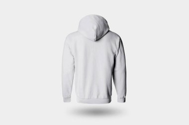 Boş beyaz erkek kapüşonlu Sweatshirt uzun kol kırpma yolu ile yumuşak gri arka plan üzerinde izole, mens hoody tasarımınız için kukuleta ile alay. Yüksek çözünürlüklü fotoğraf.