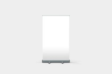 Gerçekçi boş Roll up Banner görüntü yumuşak gri arka plan üzerinde. Şablon Mock-up .3d işleme.