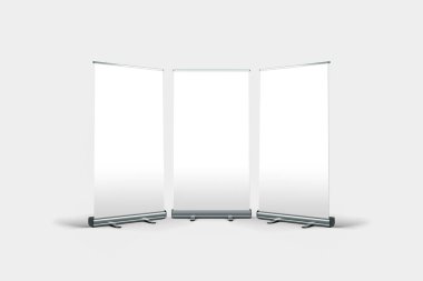 Gerçekçi boş Roll up Banner görüntü yumuşak gri arka plan üzerinde. Şablon Mock-up .3d işleme.