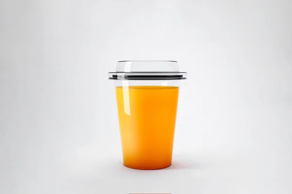 Апельсиновый Сок Пластиковом Стекле Изолирован Мягком Сером Фоне Рендеринг — стоковое фото