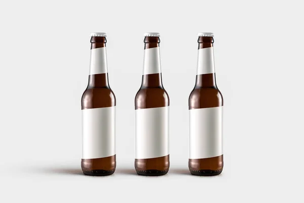 Botellas Cerveza Mock Aisladas Sobre Fondo Gris Suave Etiqueta Blanco — Foto de Stock
