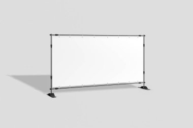 Boş kumaş Banner, reklam standı, açık Poster, dikdörtgen duvar flama yumuşak gri arka plan üzerinde izole metal (demir) çerçeve ile. 3D render.