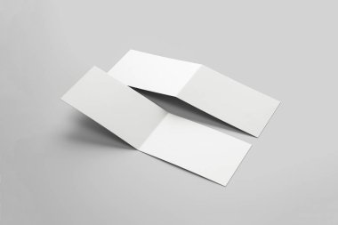 İki kanatlı yumuşak gri arka plan üzerinde izole boş tebrik kartları. Katlanmış iş kartı 3d render.