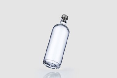 Yumuşak gri arka plan üzerinde izole kap ile cam votka şişe. Mock-up. 3D render.