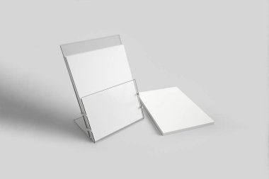 Boş el ilanı Mock-up cam plastik şeffaf tutucu yumuşak gri arka plan üzerinde izole. Boş broşür tasarım sunum kadar alay. 3D render.