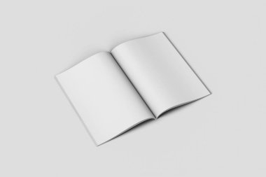 Boş dergi, kitap, kitapçık o broşürü yumuşak gri arka plan üzerinde izole açıldı. 3D render
