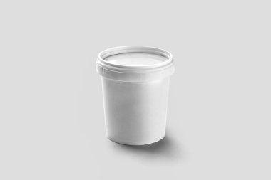 Beyaz izole yumuşak gri arka plan üzerinde beyaz Kapaklı plastik kova. Ürün Ambalaj için gıda, gıda veya boyalar. Tasarım mock-Up şablonu. 3D render