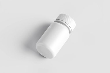 İlaç yumuşak gri arka plan üzerinde plastik şişe. Beyaz plastik şişe Mock-up. Tıp ve vitaminler, örnekler ve izole şablonları. 3D render.