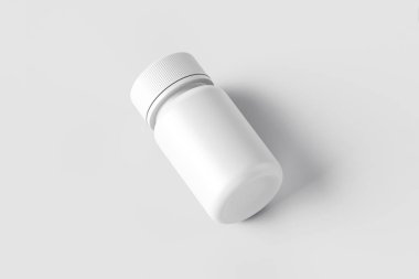 İlaç yumuşak gri arka plan üzerinde plastik şişe. Beyaz plastik şişe Mock-up. Tıp ve vitaminler, örnekler ve izole şablonları. 3D render.