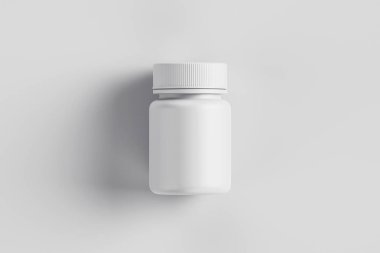 İlaç yumuşak gri arka plan üzerinde plastik şişe. Beyaz plastik şişe Mock-up. Tıp ve vitaminler, örnekler ve izole şablonları. 3D render.