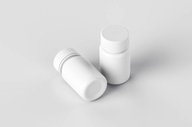 İlaç yumuşak gri arka plan üzerinde plastik şişe. Beyaz plastik şişe Mock-up. Tıp ve vitaminler, örnekler ve izole şablonları. 3D render.