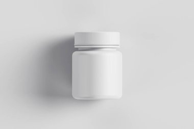 İlaç yumuşak gri arka plan üzerinde plastik şişe. Beyaz plastik şişe Mock-up. Tıp ve vitaminler, örnekler ve izole şablonları. 3D render.