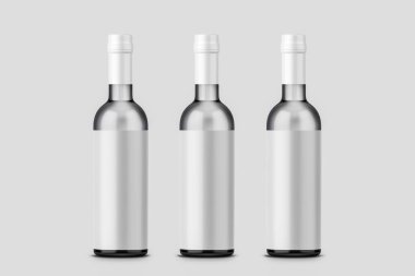 Yumuşak gri arka plan üzerinde izole kap ile cam votka şişe. Mock-up. 3D render. Boş etiket.