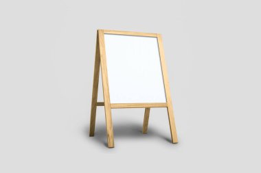 Boş beyaz yumuşak gri arka plan üzerinde ahşap açık reklam Mock-up Stand izole. Sokak Tabela Pano kadar sahte. 3D render