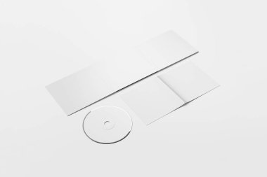 Gerçekçi Cd disk ve karton ambalaj kapak şablonu kadar alay et. Karton Cd sürücüsü digipak olgusu. Beyaz tasarım veya metin marka için boş. yumuşak gri background.3d işlemeyi üzerinde izole.