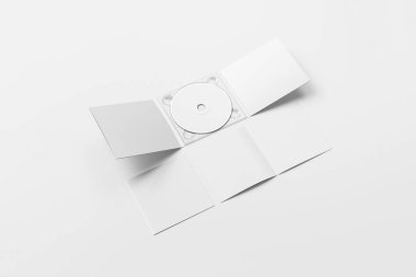 Gerçekçi Cd disk ve karton ambalaj kapak şablonu kadar alay et. Karton Cd sürücüsü digipak olgusu. Beyaz tasarım veya metin marka için boş. yumuşak gri background.3d işlemeyi üzerinde izole.