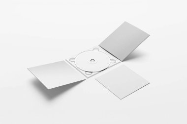 Gerçekçi Cd disk ve karton ambalaj kapak şablonu kadar alay et. Karton Cd sürücüsü digipak olgusu. Beyaz tasarım veya metin marka için boş. yumuşak gri background.3d işlemeyi üzerinde izole.