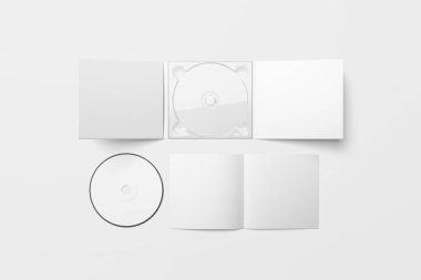 Gerçekçi Cd disk ve karton ambalaj kapak şablonu kadar alay et. Karton Cd sürücüsü digipak olgusu. Beyaz tasarım veya metin marka için boş. yumuşak gri background.3d işlemeyi üzerinde izole.