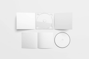Gerçekçi Cd disk ve karton ambalaj kapak şablonu kadar alay et. Karton Cd sürücüsü digipak olgusu. Beyaz tasarım veya metin marka için boş. yumuşak gri background.3d işlemeyi üzerinde izole.
